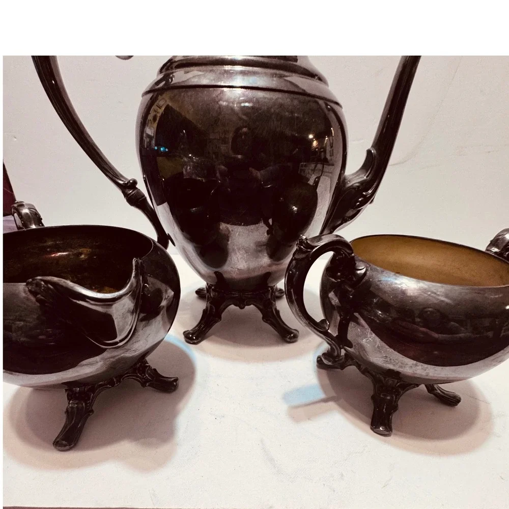 WM Rogers Silver Plate Tea‎ Set Vintage Coffee Pot Sugar Bowl Creamer Ornate 3pc